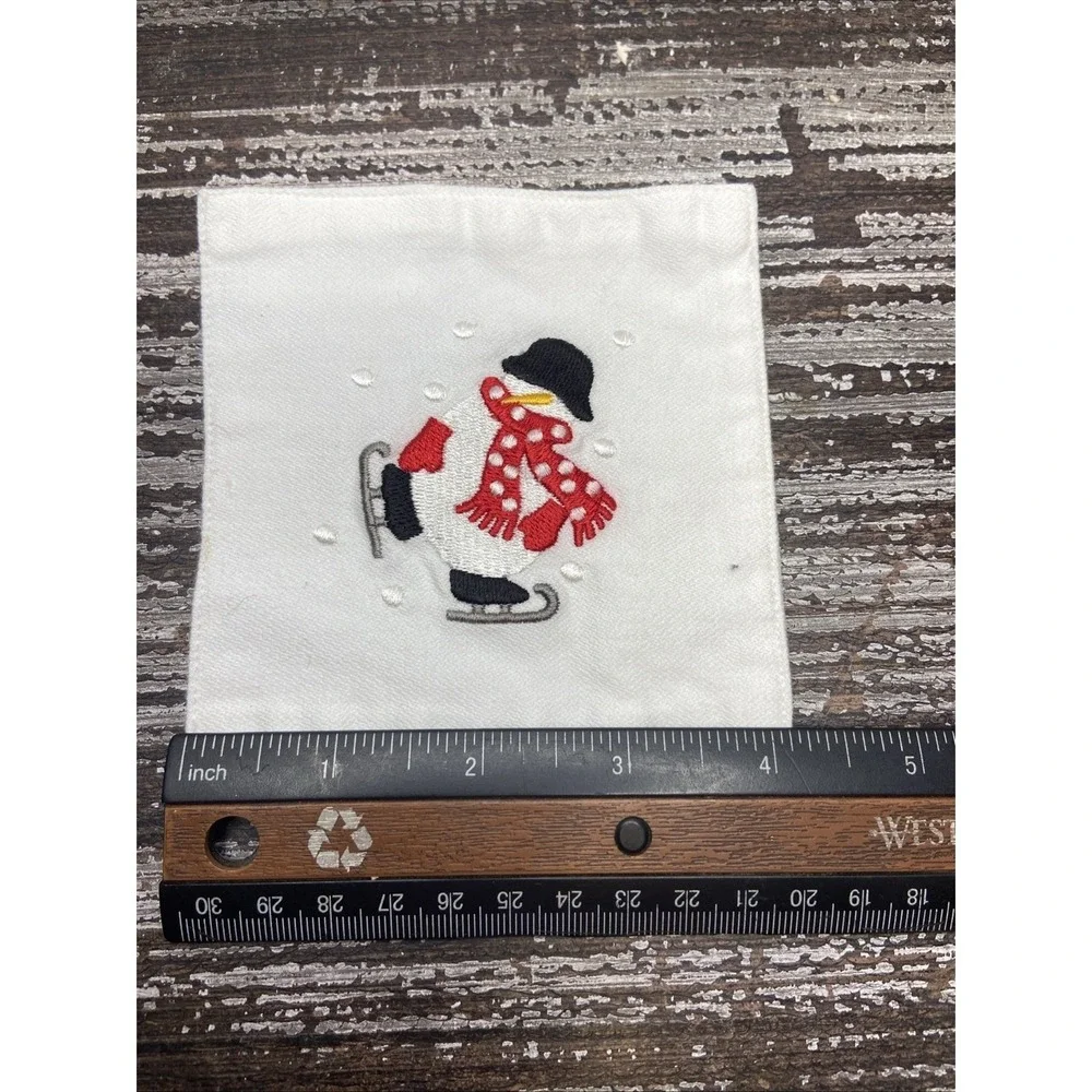 Crate and barrel Embroidered Holiday Skating Snowman Linen Coasters New Set Of 8